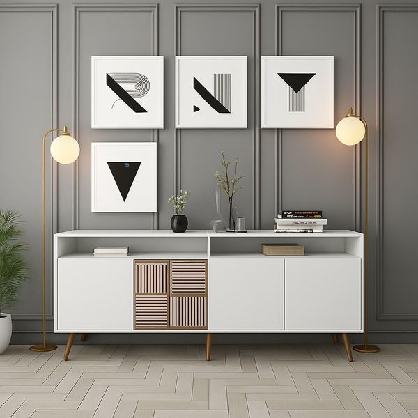Dmora Sideboard Rotanev 180 x 35 x 78,6 cm Weiß, 2 Regale, 4 Türen
