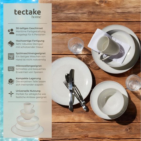 tectake Geschirr-Set Kombiservice (30-tlg), 6 Personen, Steingut, für 6 Personen, handgefertigt