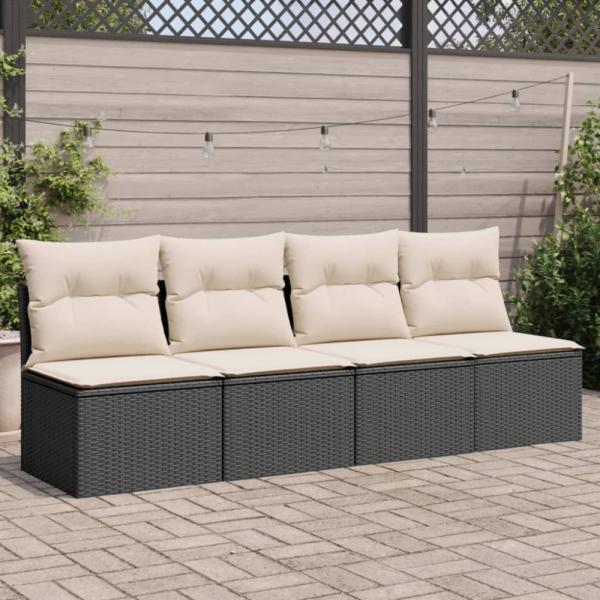 vidaXL Gartensofa mit Kissen 4-Sitzer Schwarz Poly Rattan 366000