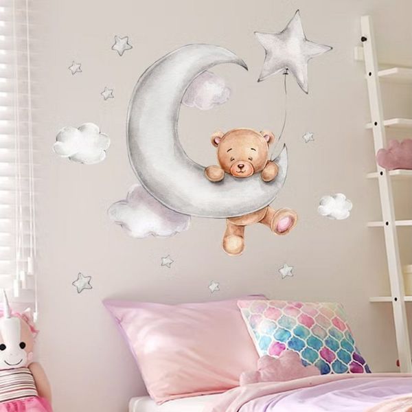 Montegoni Wandsticker Kinder Wandsticker Teddybär Mond Sterne Wolken – Süßer Wandtattoo Bär (Einzelstück Wandtattoo Kinder, 1 Stück Kinder Wandsticker), Selbstklebend wasserfest rückstandslos farbstabil wiederablösbar