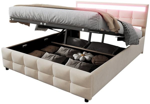 Flieks Polsterbett, Hydraulisches Stauraumbett Doppelbett 180x200cm mit LED-Beleuchtung