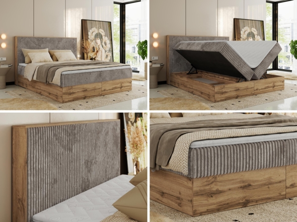 Doppelbett, Boxspringbett mit Bettkästen, Multipocket-Matratze und Topper, Set mit Kopfteil, Eiche Wotan Holzrahmen - WOOD CLASSIC - 160 x 200 cm - Hellbraun Cord - H4 Bild 2