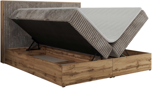 Doppelbett, Boxspringbett mit Bettkästen, Multipocket-Matratze und Topper, Set mit Kopfteil, Eiche Wotan Holzrahmen - WOOD CLASSIC - 160 x 200 cm - Hellbraun Cord - H4 Bild 5