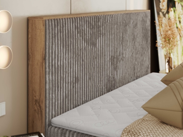 Doppelbett, Boxspringbett mit Bettkästen, Multipocket-Matratze und Topper, Set mit Kopfteil, Eiche Wotan Holzrahmen - WOOD CLASSIC - 160 x 200 cm - Hellbraun Cord - H4 Bild 3