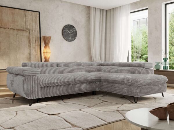 MKS Möbel 'Pablo L-Form' Ecksofa mit Schlaffunktion, verstellbare Kopfstützen, Hellgrau, Cordstoff, Visco Topper, Rechts