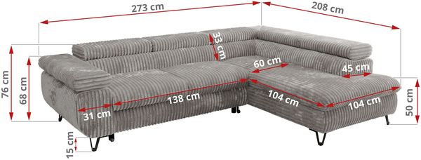 MKS Möbel 'Pablo L-Form' Ecksofa mit Schlaffunktion, verstellbare Kopfstützen, Hellgrau, Cordstoff, Visco Topper, Rechts Bild 6