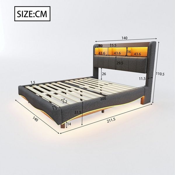 Celya Polsterbett Multifunktionales Stauraumbett mit LED-Licht, Abgehängtes Design (Ohne Matratze, USB- und TYPE-C-Schnittstelle), 140*200 aus Leinenstoff