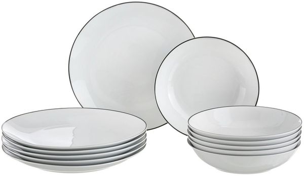 OTTO home Tafelservice Teller Set, Mellinn (12-tlg), 6 Personen, Porzellan, Geschirr, trendige Coupeform, handgemalte, schwarzes Liniendekor