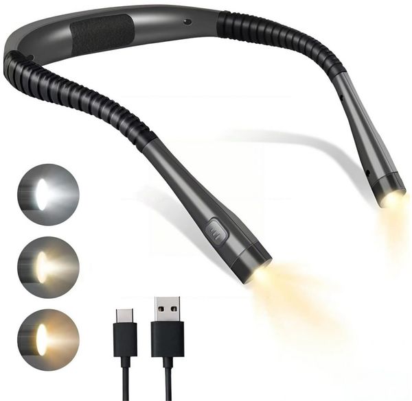 ibettertec LED Leselampe Hals Leselampe,Nackenlampe,Buchlampe,3 Farben&3 Helligkeiten, LED fest integriert, Neutralweiß, Kaltweiß, Gelbes Licht, für Lesen im Bett/Stricken/Handarbeit/Reparieren,Wiederaufladbar