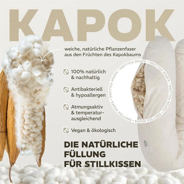 SEI Design Stillkissen Kapok-Füllung XXL 190x35 cm, Musselinbezug Bio-Baumwolle, ergonomisch, Schwangerschaftskissen mit Bezug, Seitenschläferkissen mit Kapok-Füllung, 100% Naturkissen, Musselin-Bezug aus Bio-Baumwolle