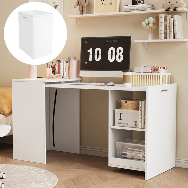 Flieks Regal-Schreibtisch 2-in-1 ausziehbar Computertisch mit Rollen/Schrank mit Ablagen (Tischplatte: 84x51 cm, Mehrzweckschrank: 55 x 40 x 75 cm, Gesamtlänge 126 cm, 1-St), Multifunktionaler Klapptisch Eckschreibtisch Arbeitstisch Büro Weiß