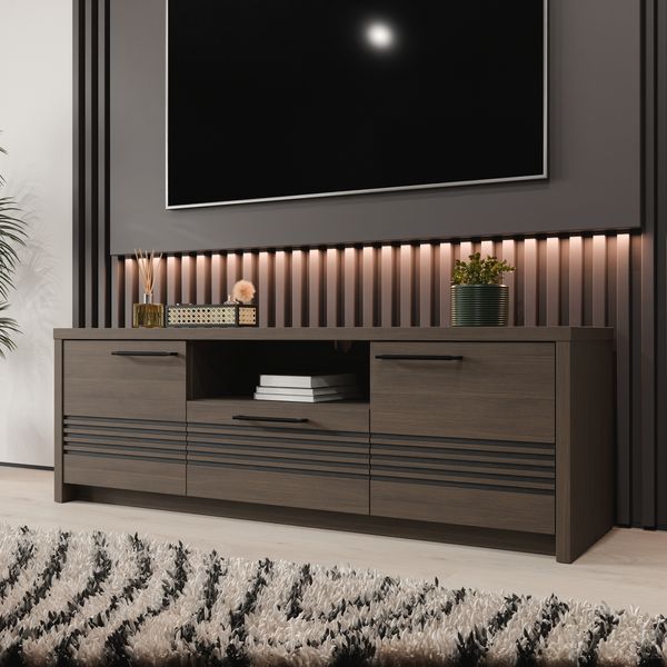 Forte EUFEMIUS TV-Schrank 150, modernes Lowboard mit dekorativer Fräsung, 2-türig, 1 Schublade, Dunkelbraun|Schwarz Eiche Holzdekor, 151,2 cm breit x 51,1 cm hoch x 41,6 cm tief