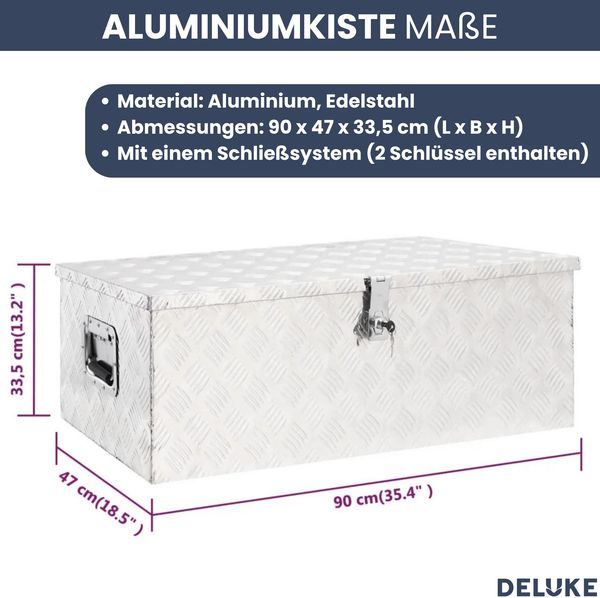 Aluminiumbox mit Deckel - Abschließbar | Alubox Deichselbox Alu Anhängerbox Werkzeugkiste Metall Transportbox Metallkiste, 90x47x33,5cm Silber Bild 3