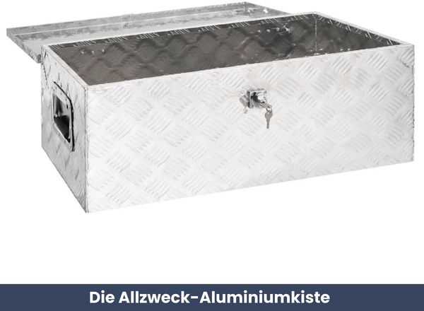 Aluminiumbox mit Deckel - Abschließbar | Alubox Deichselbox Alu Anhängerbox Werkzeugkiste Metall Transportbox Metallkiste, 90x47x33,5cm Silber Bild 2