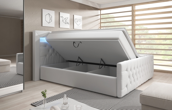 Ascona Boxspringbett mit LED-Beleuchtung, Blau-LED, 160x200 cm, Matratze H2, Weiß Bild 2