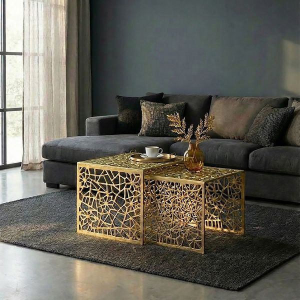 FINEBUY Satztisch FB77353 Couchtisch 2er Set Alu Wohnzimmertisch Beistelltisch Metall (Edles Tischset aus sehr robustem Aluminium), Platzsparendes Möbelstück für Dein Zuhause