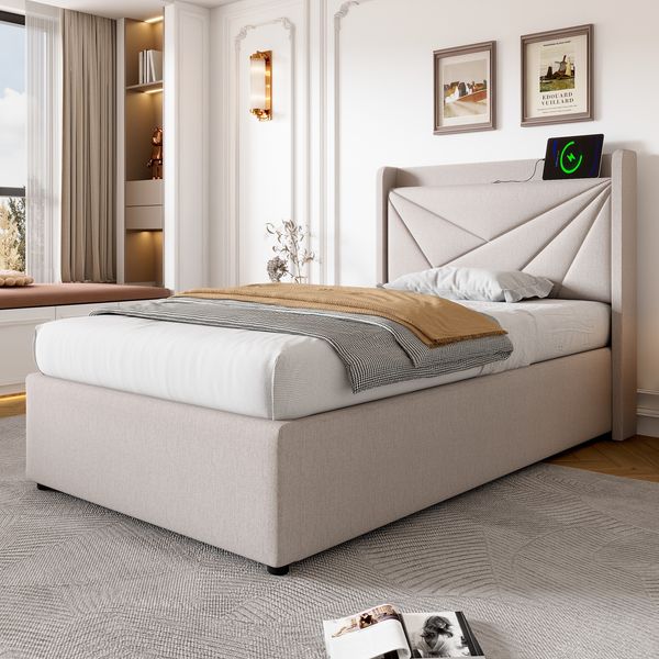 Polsterbett 90x200 cm mit Stauraum,Kopfteil mit USB & Typ-C Ladefunktion,Beige