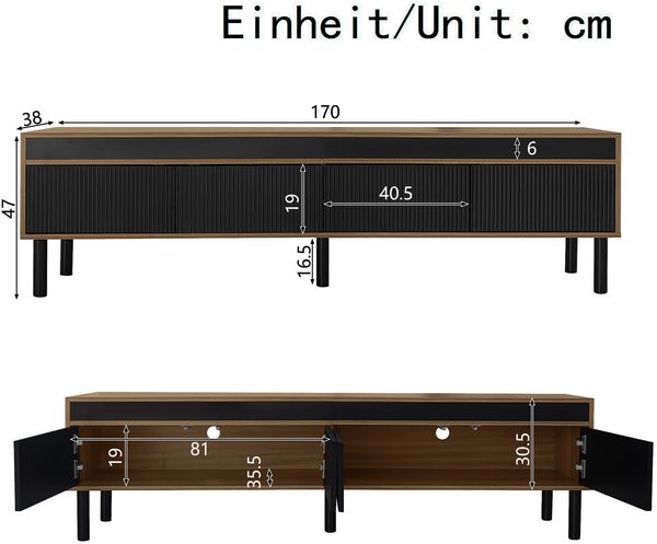 TV-Schrank B 170 x T 38 x H 47,7 cm, schwarz/natur, 4 Türen, Holzbeine Bild 5