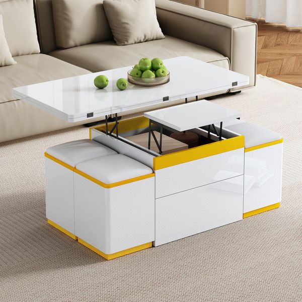 Couchtisch 100x50x43 cm, höhenverstellbar und klappbar, mit Schubladen, offenen Fächern und 4 Hockern