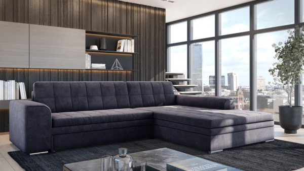 Ecksofa Schlafsofa Sofa LUSAKA in Stoff Fresh Schwarz Ottomane Rechts