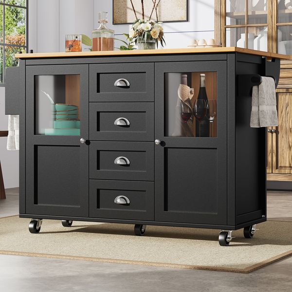 Kücheninsel aus MDF mit Klapptisch, 137,9x73x92,5 cm, Schwarz