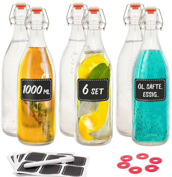 Praknu Trinkflasche 6 Glasflaschen mit Bügelverschluss 1000ml - 6 Extra Dichtungen, Öl Flasche 1L, Saftflasche, Flaschen Aufbewahrung, Likörflaschen