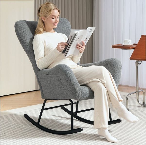 HOMCOM Schaukelstuhl Schaukelsessel mit Teddystoff-Optik Armlehne Stillsessel mit Holzkufen (Relaxsessel, 1 St), mit Seitentasche für Wohnzimmer, Schlafzimmer, Grau