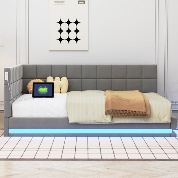 OKWISH Schlafsofa Daybett Tagesbett Doppelbett Stauraumbett Kinderbett Polsterbett, Multifunktionsbett mit LED-Lichtleiste, USB-Steckdose und Lattenrost aus hautsympathischem Samtstoff - ideal für Wohnzimmer und Gästezimmer, Ohne Matratze Bild 2