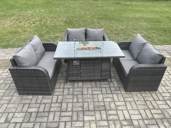 Fimous Rattan Gartenmöbel Sofa Set Gas Feuergrube Esstisch Gasheizung mit Liebe Sofa Dunkelgrau Gemischt