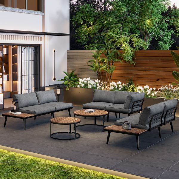 Gartenmöbel 160x64x75 mit Stahl und Akazie, ausgestattet mit Kissen, grau