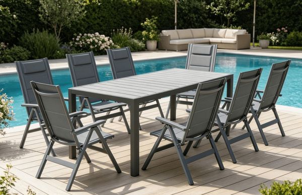 HOMALL Garten-Essgruppe Gartenmöbel Set aus klappbarer Armlehnstuhl und Aluminium Gartentisch, (9-tlg, 8 Klappstuhl (bis 160kg), 1Tisch (bis 100kg), Aluminium, Textilgewebe), Holzoptik Tisch & klappbare Stühle mit 7-fach verstellbarer Lehne