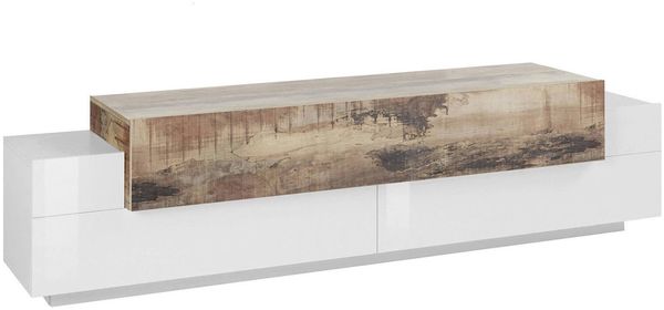 Dmora TV-Schrank Arold, niedriges Wohnzimmer-Sideboard, Fernsehständer-Basis, 100 % Made in Italy, 200 x 45 x 52 cm, glänzendes Weiß und Ahorn,