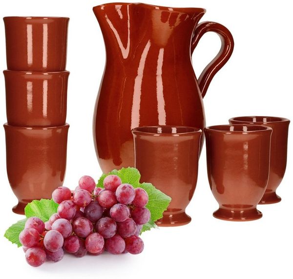 MamboCat Karaffe 7tlg.-Set: Tonkrug 1.9L + 6 Tonbecher 175ml Ton-Geschirr rotbraun