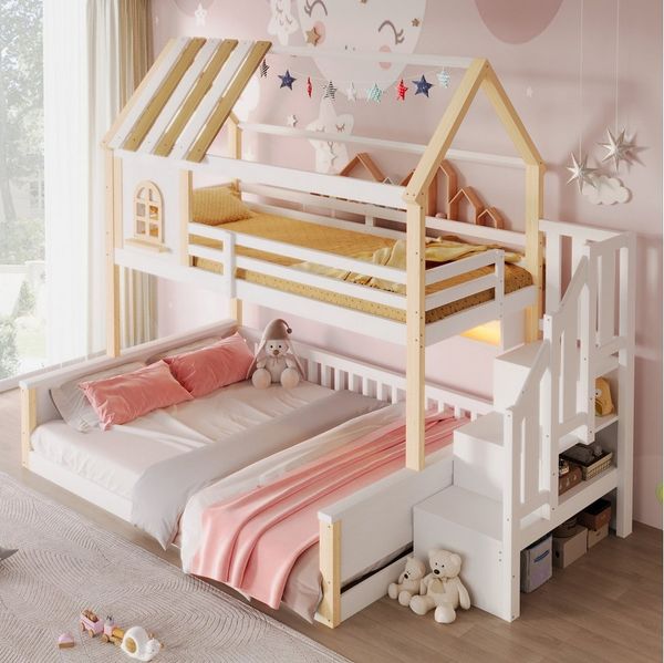 Flieks Etagenbett, Kinderbett 90/140x200cm mit LED-Lichtleiste Staufächer Stauraumtreppe