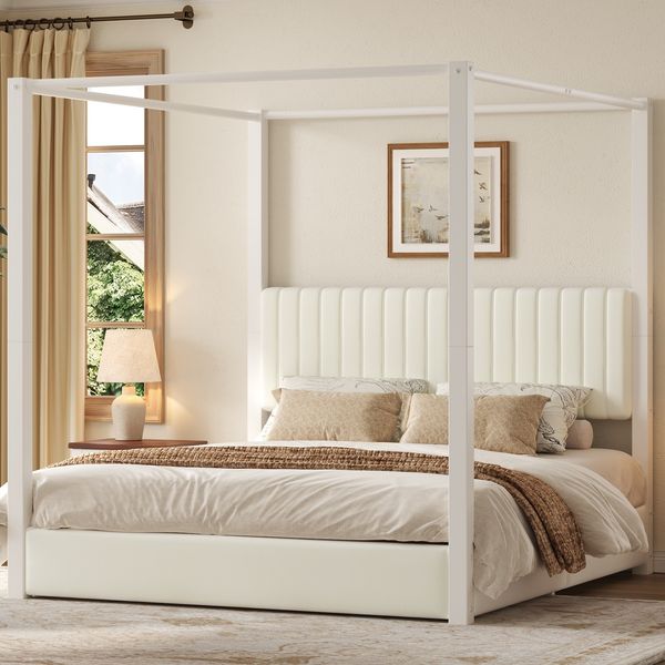 180x200 cm großes Polsterbett mit Himmelbettgestell, Kopfteil und Metallrahmen, Beige + Weiß