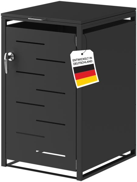 STEELSØN 'Diorus' Mülltonnenbox für 1 Tonne 120 Liter, graphitschwarz, Mülltonnenverkleidung aus Stahl mit Sichtstreifen, wetterfest, 102x62x60,5 cm, abschließbare Müllbox
