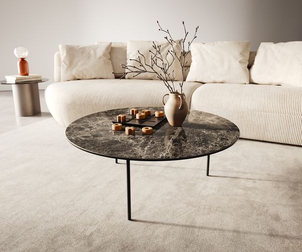 Couchtisch Edge Rund 90x90 cm Keramik Emperador Extra Lucidato Dunkelbraun Trive Metall Schwarz