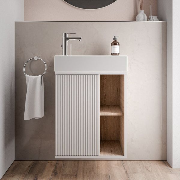 Bernstein Badmöbel-Set BELDIVO, (mit Waschbecken DURAVIT, Waschtischunterschrank 50 cm mit Waschbecken), Türanschlag links - Farbe wählbar - matt