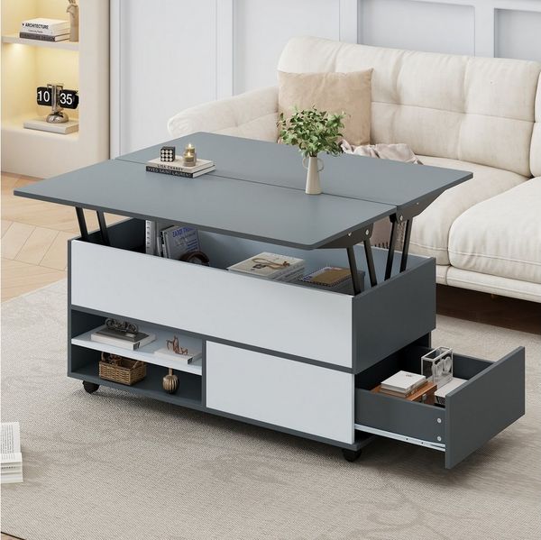 IDEASY Couchtisch Höhenverstellbarer Couchtisch mit Stauraum Rollen, Grau-Weiß 100x98 cm Schubladen