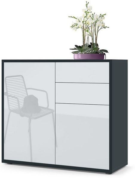 Vladon Sideboard Ben, Kommode mit 2 Türen und 2 Schubladen, Schwarz matt/Weiß Hochglanz (79 x 74 x 36 cm)