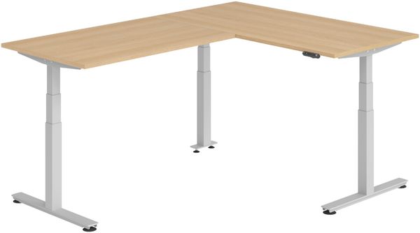 bümö Eckschreibtisch elektrisch höhenverstellbar L-Form: 160x220 cm in Eiche, Gestell silber - Stehschreibtisch mit Memory-Steuerung, elektrischer XXL Schreibtisch für die Ecke, XDSMW-1614-E-S