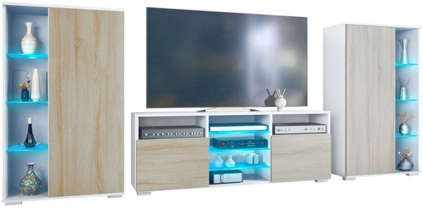 Vladon Wohnwand Davos, (Anbauwand, bestehend aus 2 Vitrinen, 1 TV-Board und LED-Beleuchtung), Weiß matt/Eiche sägerau (329 x 134 x 35 cm)