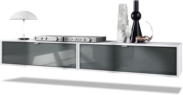 2er-Set TV Board Lana 100, Lowboards je 100 x 29 x 37 cm mit viel Stauraum, Korpus in Weiß matt, Fronten in Grau Hochglanz
