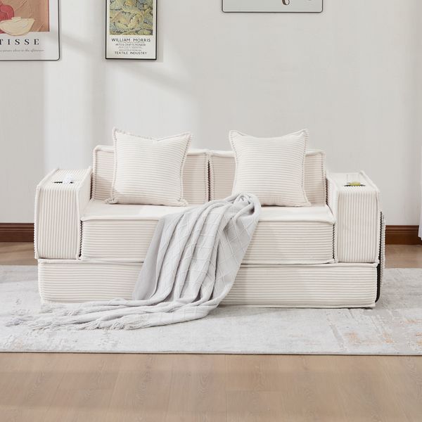 2-Sitzer Sofa B 162 x T 78 x H 66 cm aus Cord, modular kombinierbar in Beige