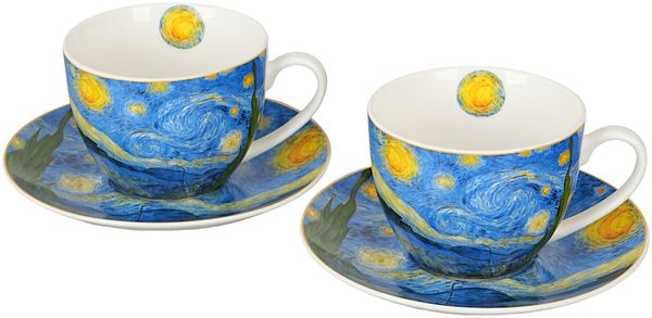 DUO ART GALLERY 2er-Set Tasse mit Untertasse STARRY NIGHT inspired by Van Gogh, New Bone China Porzellan