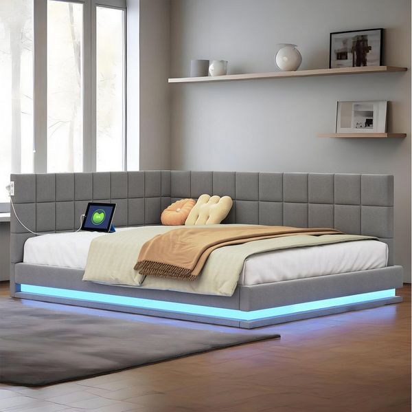 MODFU Schlafsofa Modernes Sofa Bett, Polsterbett, mit LED-Beleuchtung und USB-Ladeanschluss, mit Matratze