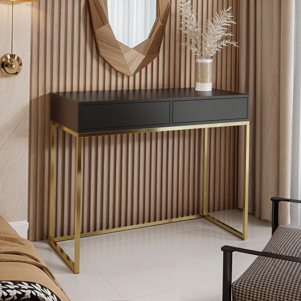 AX LIVING Schminktisch Schwarz Lortie 80cm Schubladen goldenes Gestell