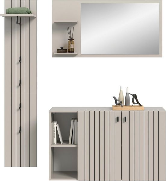 Home affaire Garderoben-Set TATIO, 3-tlg. Garderobenkombination, Breite: 152 cm Rillenfräsung, (Set, 3-St, Set, best. aus: 1 Spiegel, 1 Garderobenpaneel, 1 Schuhkommode), Garderobenkombination, Kombi, Flur-Möbel, Spiegel, Kommode