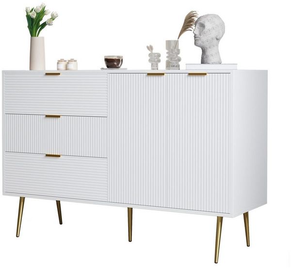 MODFU Sideboard mit goldenen Beinen und Griffen (Kommode, Anrichte, Wohnzimmerschrank, 1 St, 2 Türen und 3 Schubladen), mit einzigartigen Wellenmuster, Innenregalen