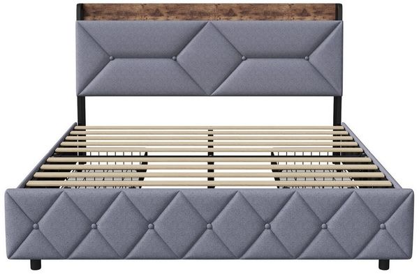 Gdood Polsterbett Stauraumbett Doppelbett Mit Ladestation (1-tlg, Mit Vier extra große Schubladen), Mit Verstecktes Lagerregal, USB + TYPE-C, Leinen, 140x200 cm